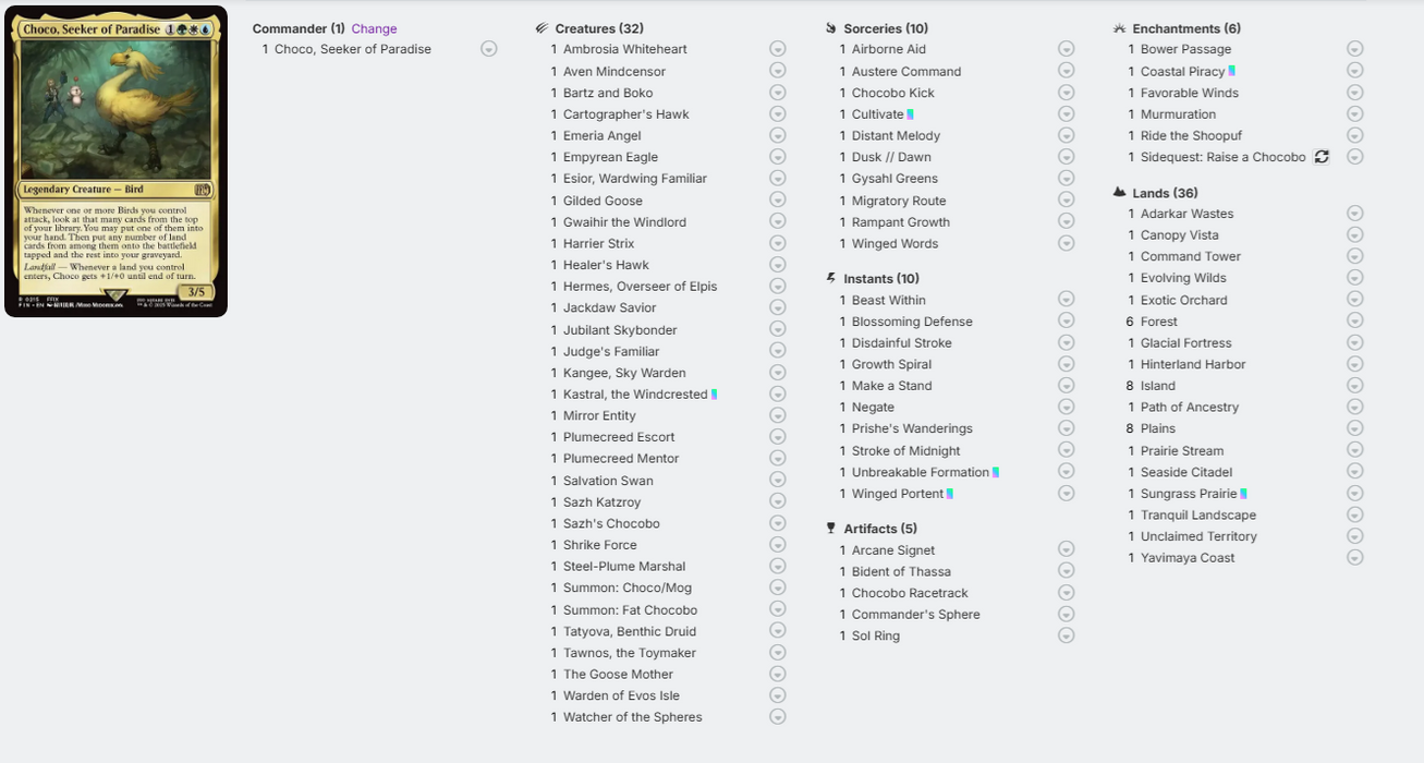Card game interface with a card on the left and a list of cards on the right.