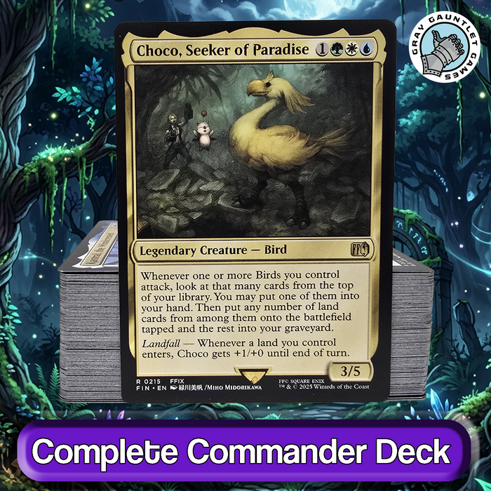 Trading card featuring Choco, Seeker of Paradise with game text and artwork on a fantasy-themed background.
