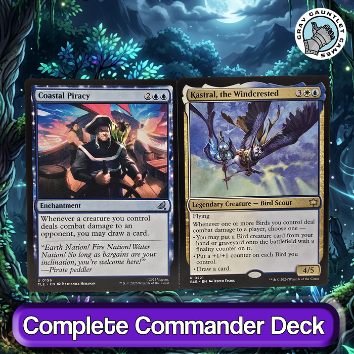 Two trading cards on a fantasy-themed background.