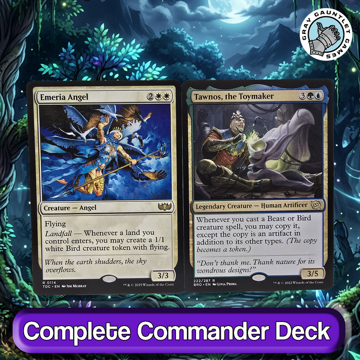 Two trading cards on a fantasy-themed background.