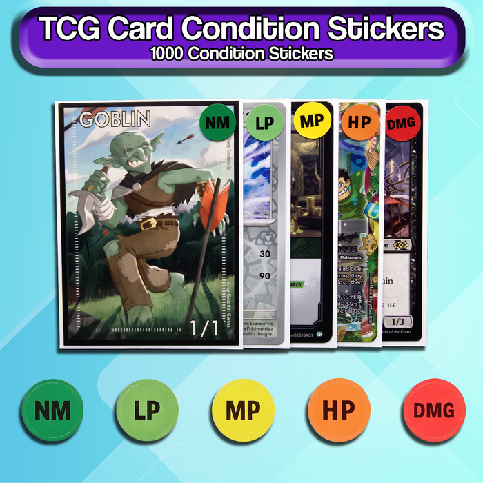 1,000 TCG Condition Stickers for Vendors & Streamers - Fits Toploaders, Sleeves, Card Savers & More! - Includes (NM LP MP HP DMG)