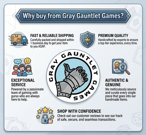 Infographic titled Why buy from Gray Gauntlet Games highlighting fast 1-day shipping premium quality handcrafted items exceptional customer service authentic and genuine meticulously sourced pieces and safe shopping confidence.