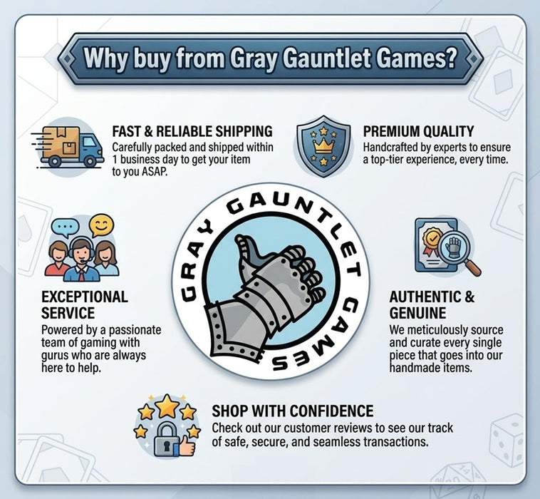 Infographic titled Why buy from Gray Gauntlet Games highlighting fast 1-day shipping premium quality handcrafted items exceptional customer service authentic and genuine meticulously sourced pieces and safe shopping confidence.