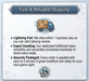 Gray Gauntlet Games shipping information infographic detailing fast 1 business day shipping expert handling by a dedicated fulfillment team and securely packaged orders that arrive ready for game night.