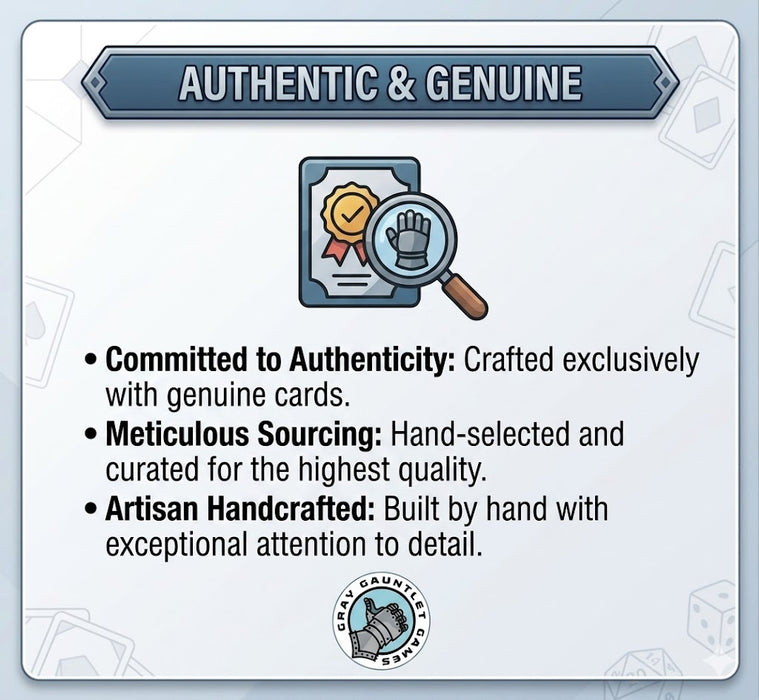 Gray Gauntlet Games authenticity infographic emphasizing a commitment to using exclusively genuine cards that are meticulously sourced hand-selected and artisan handcrafted with exceptional attention to detail.