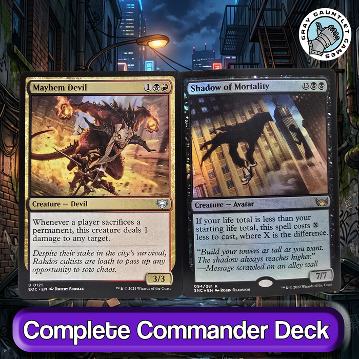 Two fantasy cards displayed against an urban night scene.