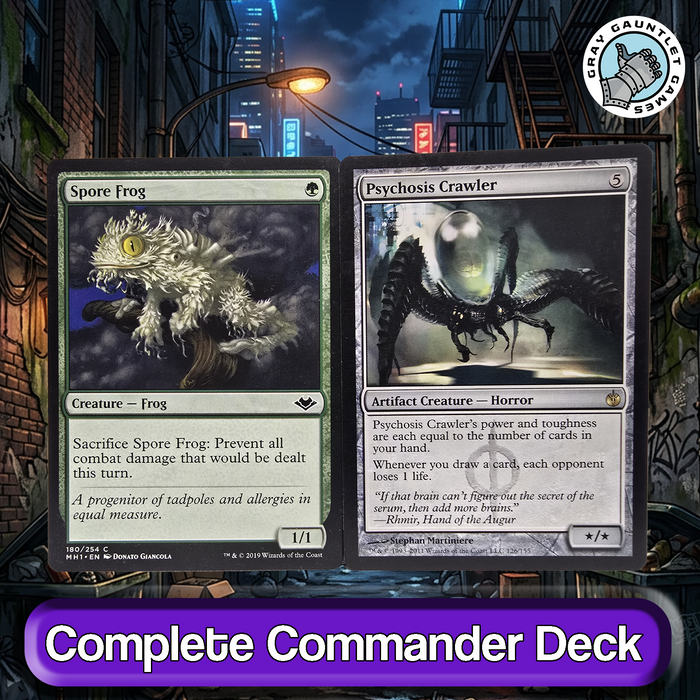 Two fantasy cards displayed against an urban night scene with streetlights and buildings.