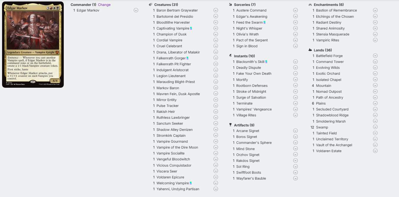 List of card names with a card on the left side on a white background