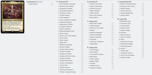 List of card names with a card on the left side on a white background