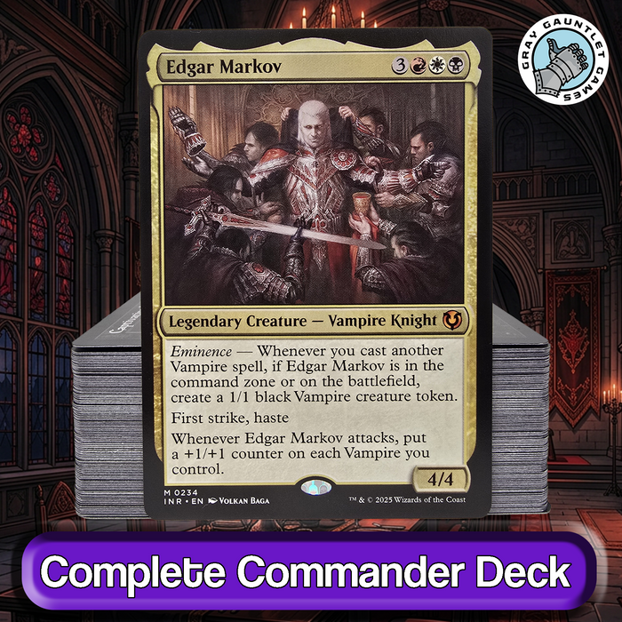 Trading card featuring 'Edgar Markov' from MTG with gothic architecture in the background.