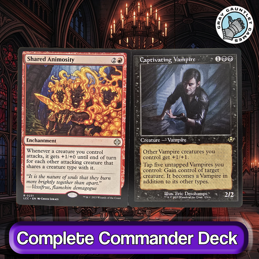 Two fantasy cards on a table with a gothic-style room background, featuring 'Shared Animosity' and 'Captivating Vampire'.