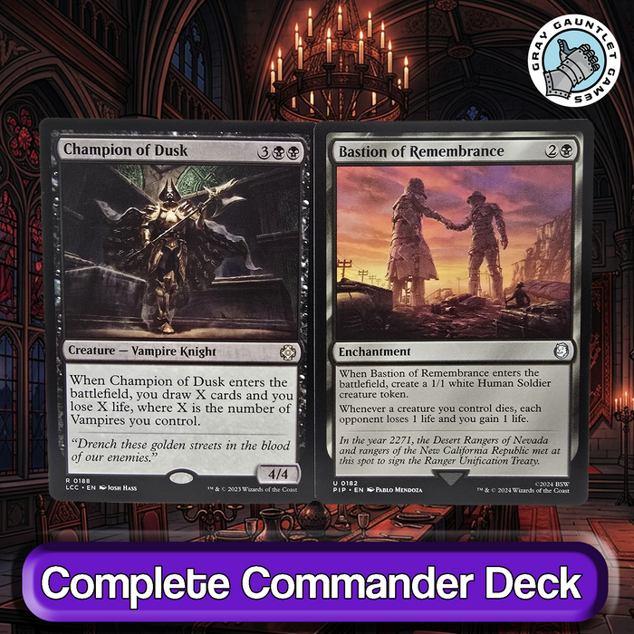 Two fantasy trading cards on a dark, gothic-style background.