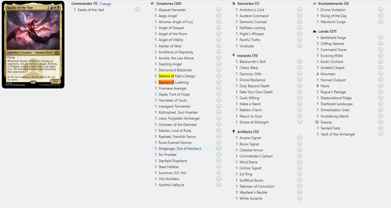 Screen capture of a digital card game interface with a list of cards and a card on the left side.