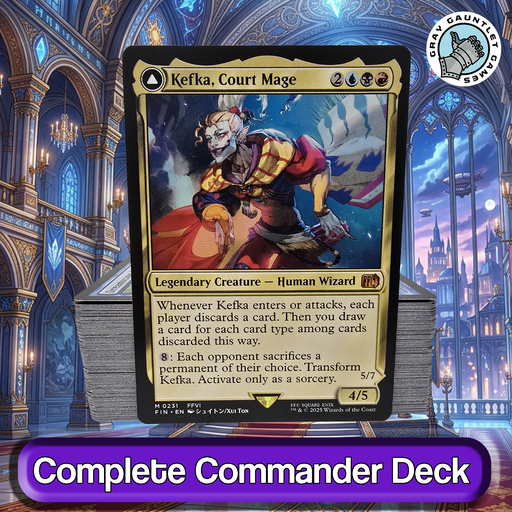 Trading card featuring a character named Kefka, Court Mage, with game text and artwork on a fantasy-themed background.