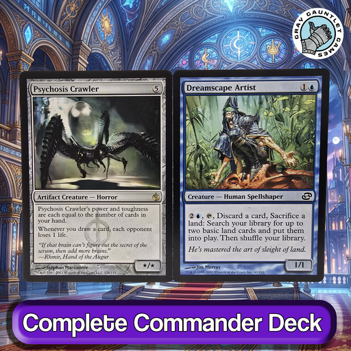 Two trading cards displayed against a fantasy-themed background.