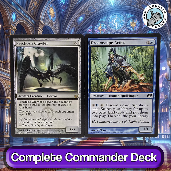 Two trading cards displayed against a fantasy-themed background.