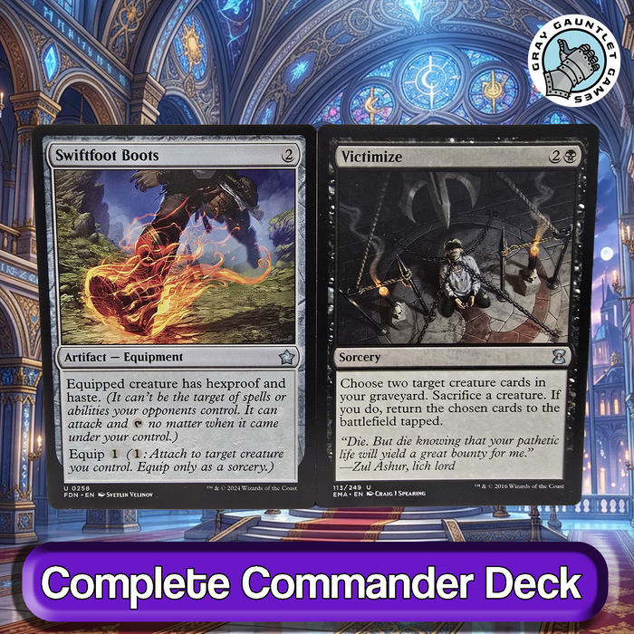 Two trading cards, 'Swiftoot Boots' and 'Victimize', with a fantasy-themed background.