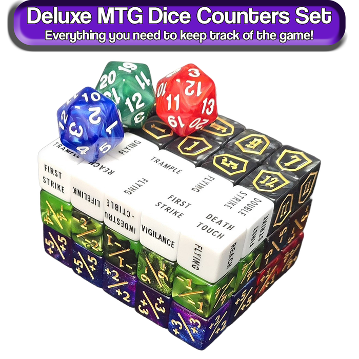 MTG Dice Counters Deluxe Set - TCG Ability Keywords Tokens Commander Damage Life Spindown Loyalty Tracker Dicebag and more!