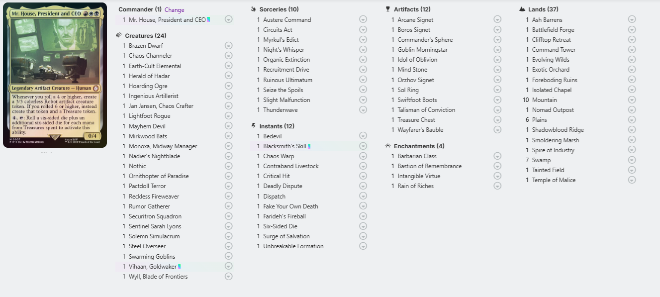 Mr House, President and CEO commander decklist.