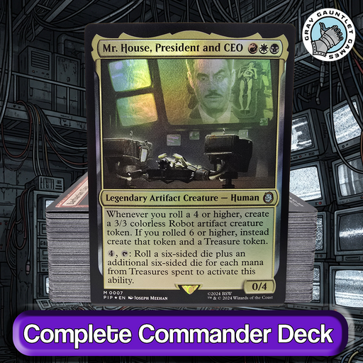 Trading card featuring Mr. House, President and CEO, with a futuristic setting and text.