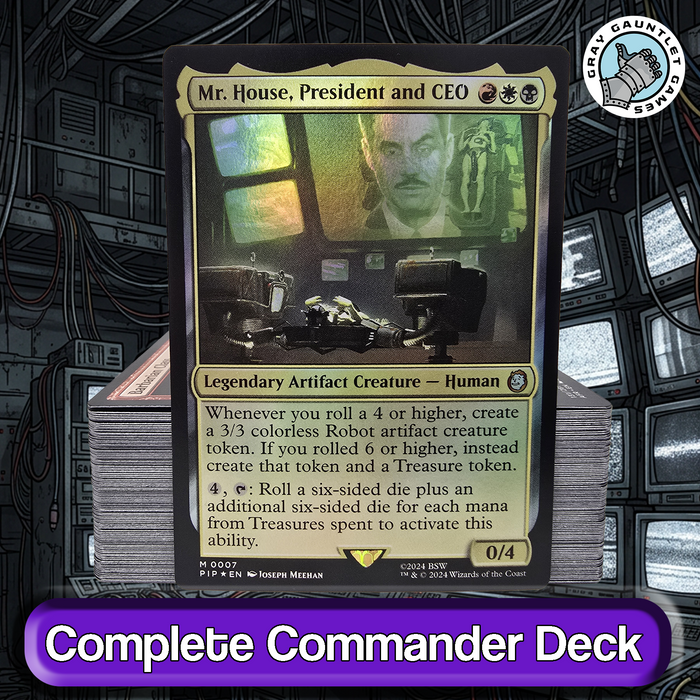 Trading card featuring Mr. House, President and CEO, with a futuristic setting and text.