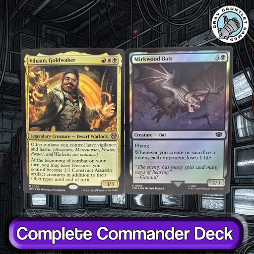 Two trading cards, 'Vihaan, Goldwaker' and 'Mirkwood Bats', on a dark background.