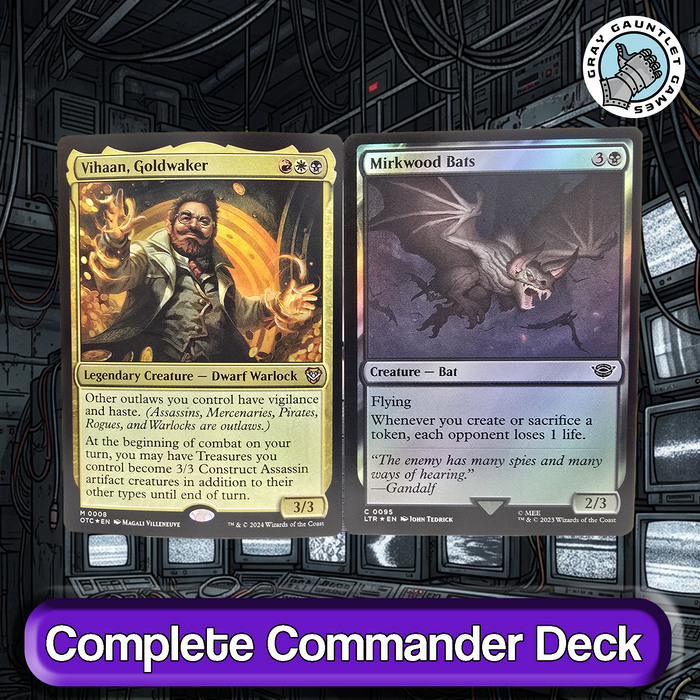 Two trading cards, 'Vihaan, Goldwaker' and 'Mirkwood Bats', on a dark background.