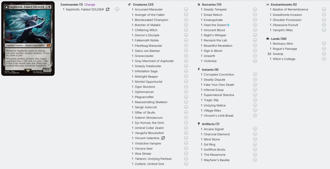 Screen capture of a digital card game interface with a card on the left side and lists on the right.