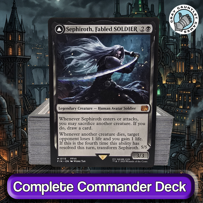Trading card featuring a character named Sephiroth with a dark cityscape background.