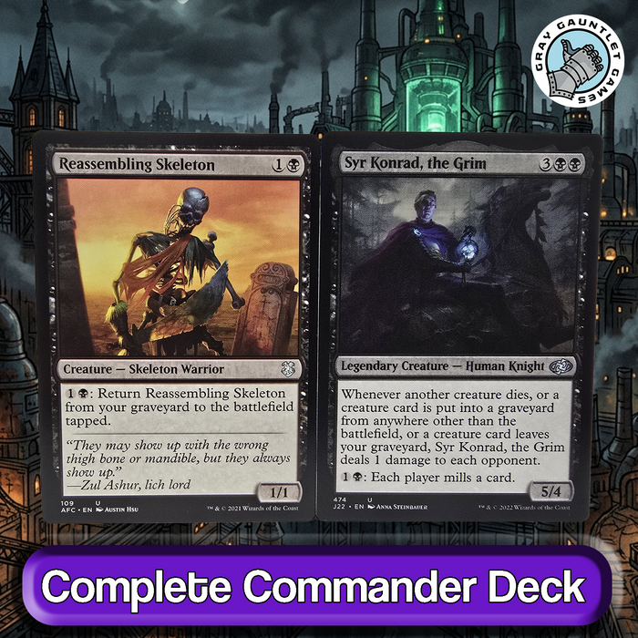 Two fantasy cards with game text and illustrations on a dark, gothic background.
