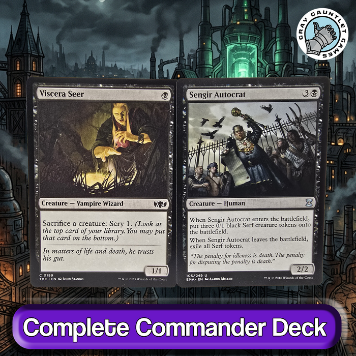 Two fantasy cards with detailed artwork against a dark, gothic cityscape background.