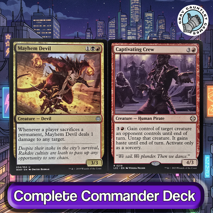 Two trading cards, 'Mayhem Devil' and 'Captivating Crew', with a cityscape background.