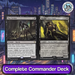 Two fantasy trading cards with creature illustrations on a cityscape background.