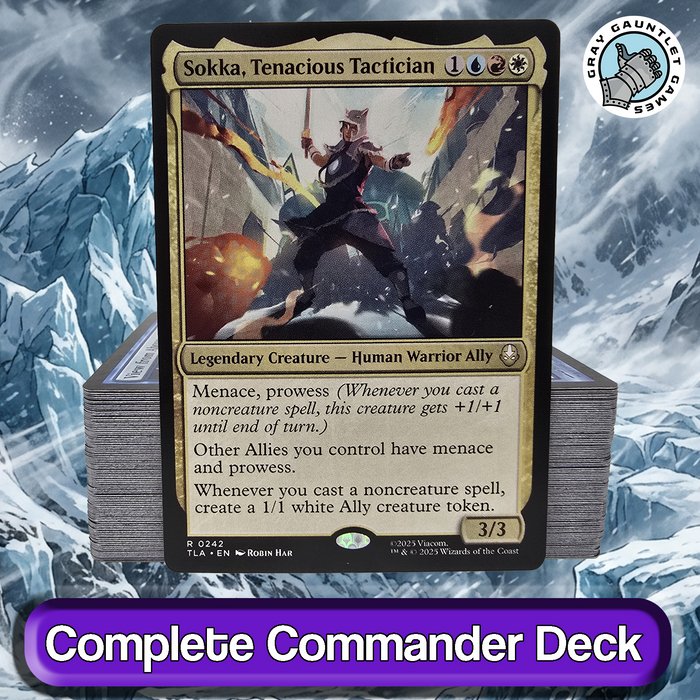 Trading card featuring Sokka, Tenacious Tactician with a mountainous background