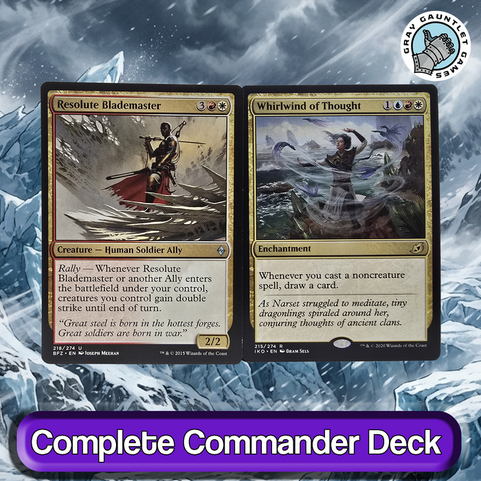Two trading cards on a snowy mountain background.