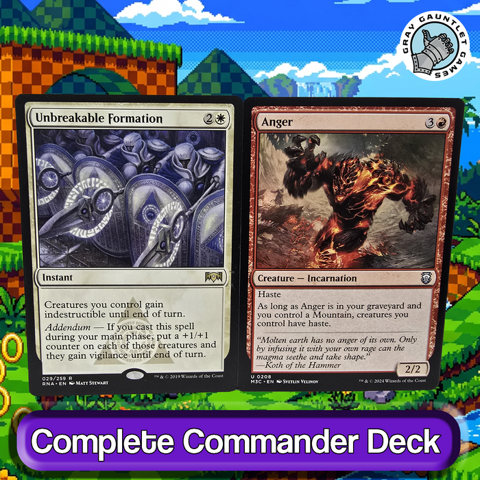 Two trading cards displayed against a colorful fantasy landscape background.