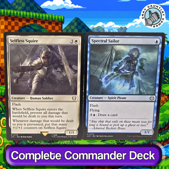 Two fantasy trading cards, 'Selfless Squire' and 'Spectral Sailor', on a colorful card game interface.