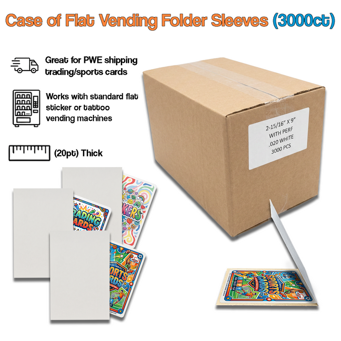 3000 Flat Vending Folders 3 x 4.5 Sticker Tattoo Machine Sleeves Shipping Insert - Chipboard Stiffener Sports And Trading Cards PWE Mail (Sealed Master Case)