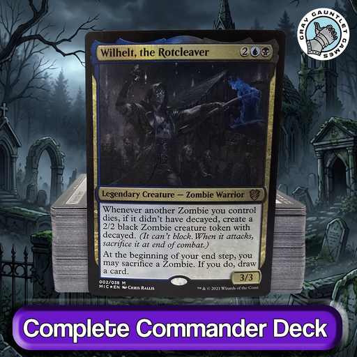 Trading ard featuring 'Wilhelt, the Rotcleaver' with a graveyard background.