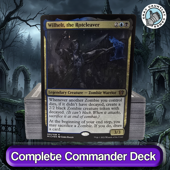 Trading ard featuring 'Wilhelt, the Rotcleaver' with a graveyard background.
