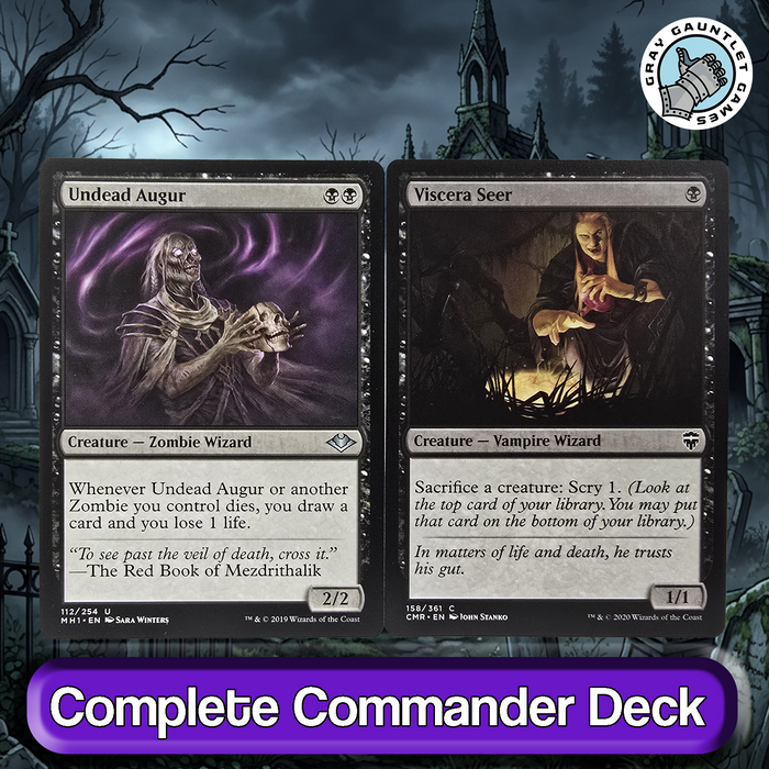 Two fantasy trading cards featuring 'Undead Augur' and 'Viscera Seer' with a dark, gothic background.
