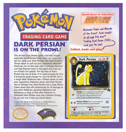 Vintage Pokemon Dark Persian #17 Holo Promo - Nintendo Power Magazine #135 August, 2000 (Sealed on Flyer) Vintage Pokemon Dark Persian #17 Holo Promo - Nintendo Power Magazine #135 August, 2000 (Sealed on Flyer)