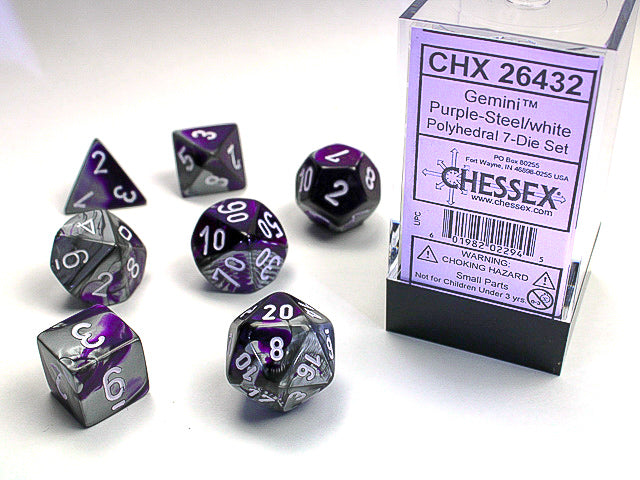 Gemini | Polyhedral | Purple-Steel/White | 7-Die Set