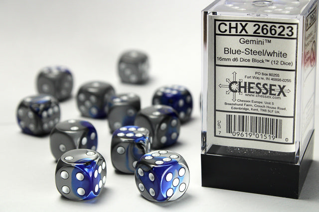 Gemini | 16mm d6 | Blue-Steel/White| 12 Die Set