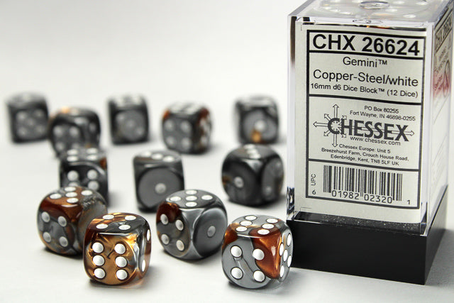 Gemini | 16mm d6 | Copper-Steel/White | 12 Die Set