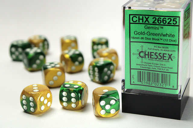 Gemini | 16mm d6 | Gold-Green/White | 12 Die Set