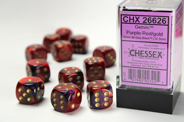 Gemini | 16mm d6 | Purple-Red/Gold | 12 Die Set