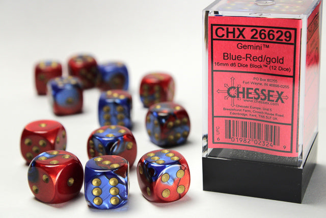 Gemini | 16mm d6 | Blue-Red/Gold | 12 Die Set