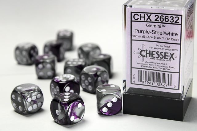 Gemini | 16mm d6 | Purple-Steel/White | 12 Die Set