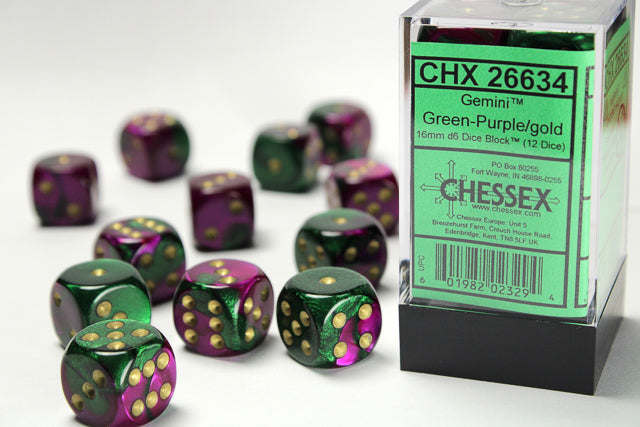 Gemini | 16mm d6 | Green-Purple/Gold | 12 Die Set